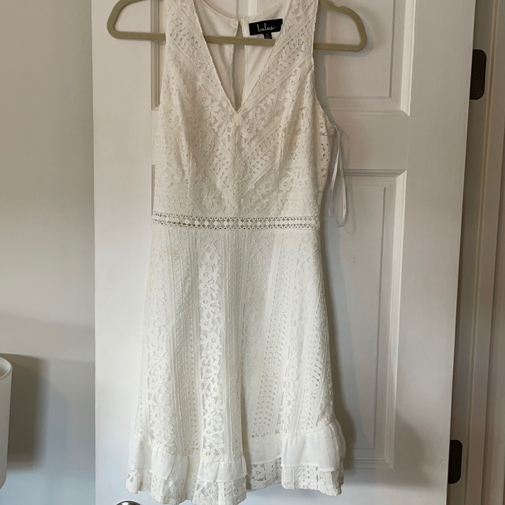 Lulu’s Short White Lace Dress - engagement shoot